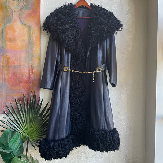 Curly Lamb Blue Leather Trench | 12/Large