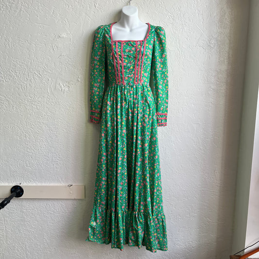 70’s Green Floral Maxi Dress | XS