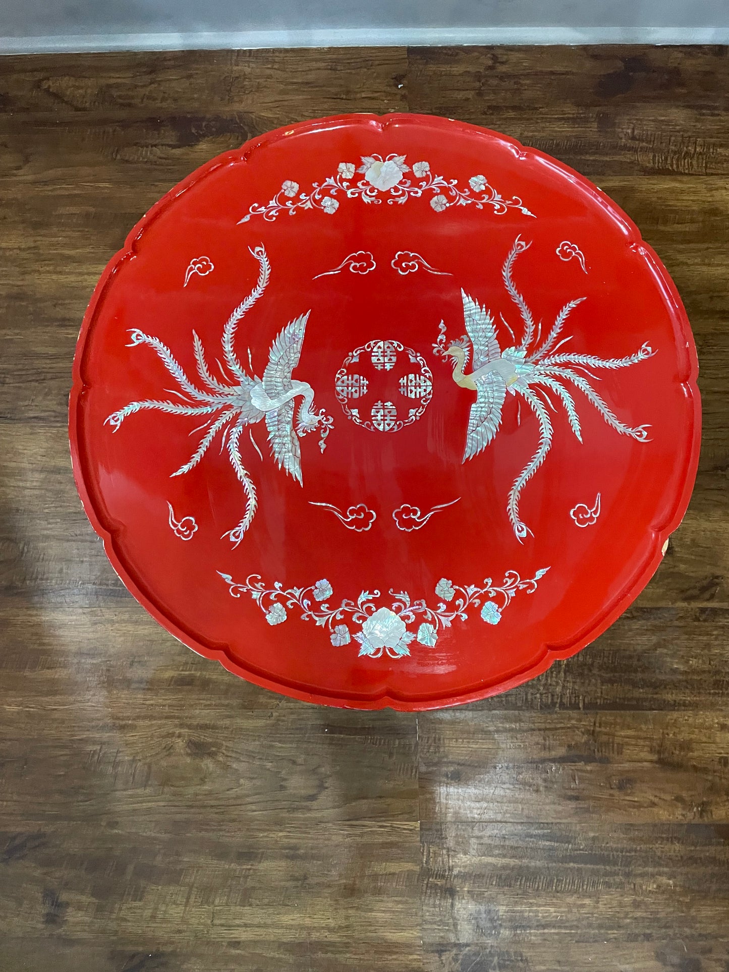 Vintage Red Lacquered Mother of Pearl Inlay Tea Table