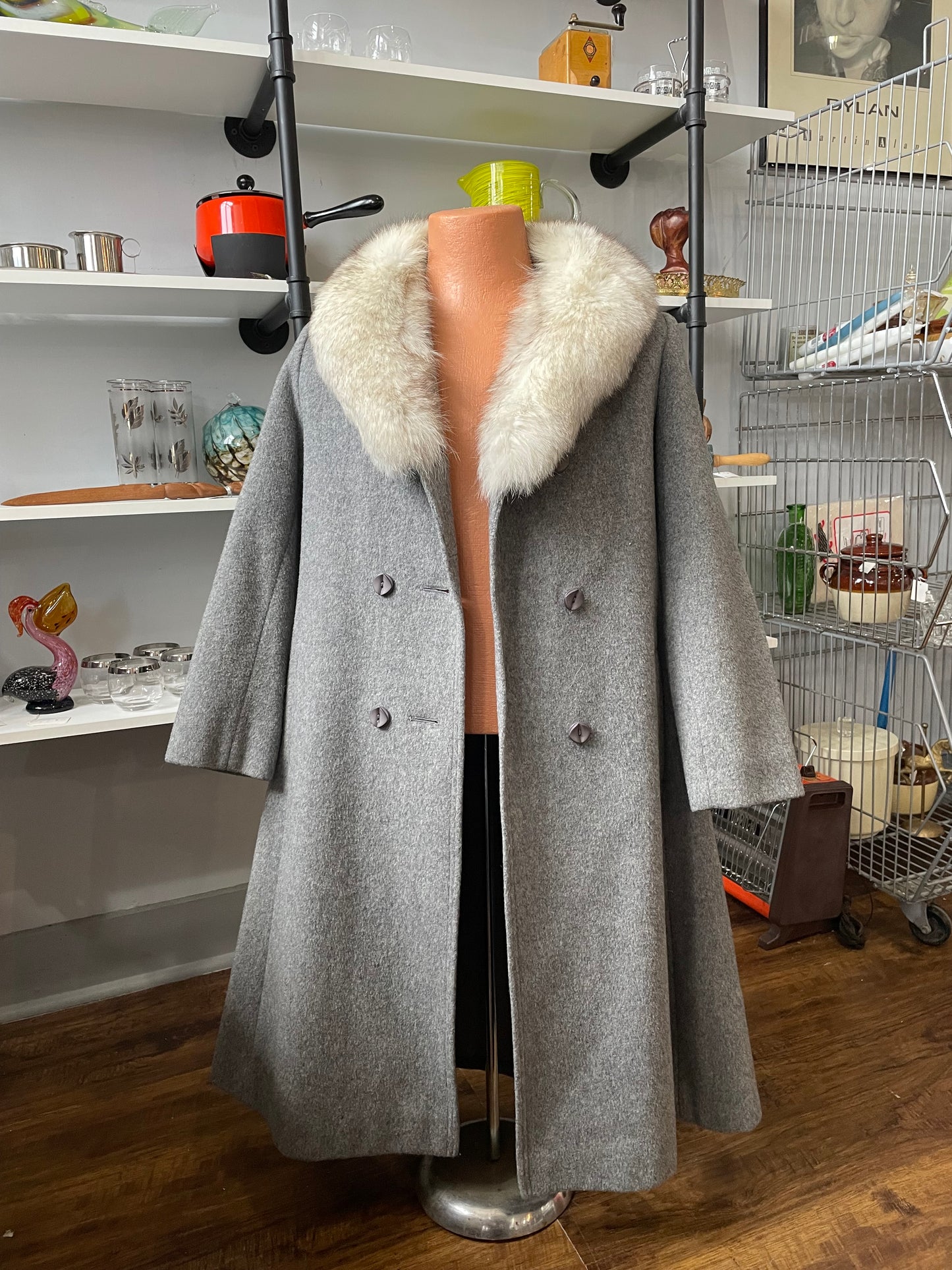 Heather Grey Wool and Fox Collar Winter Trench 1970s | Medium