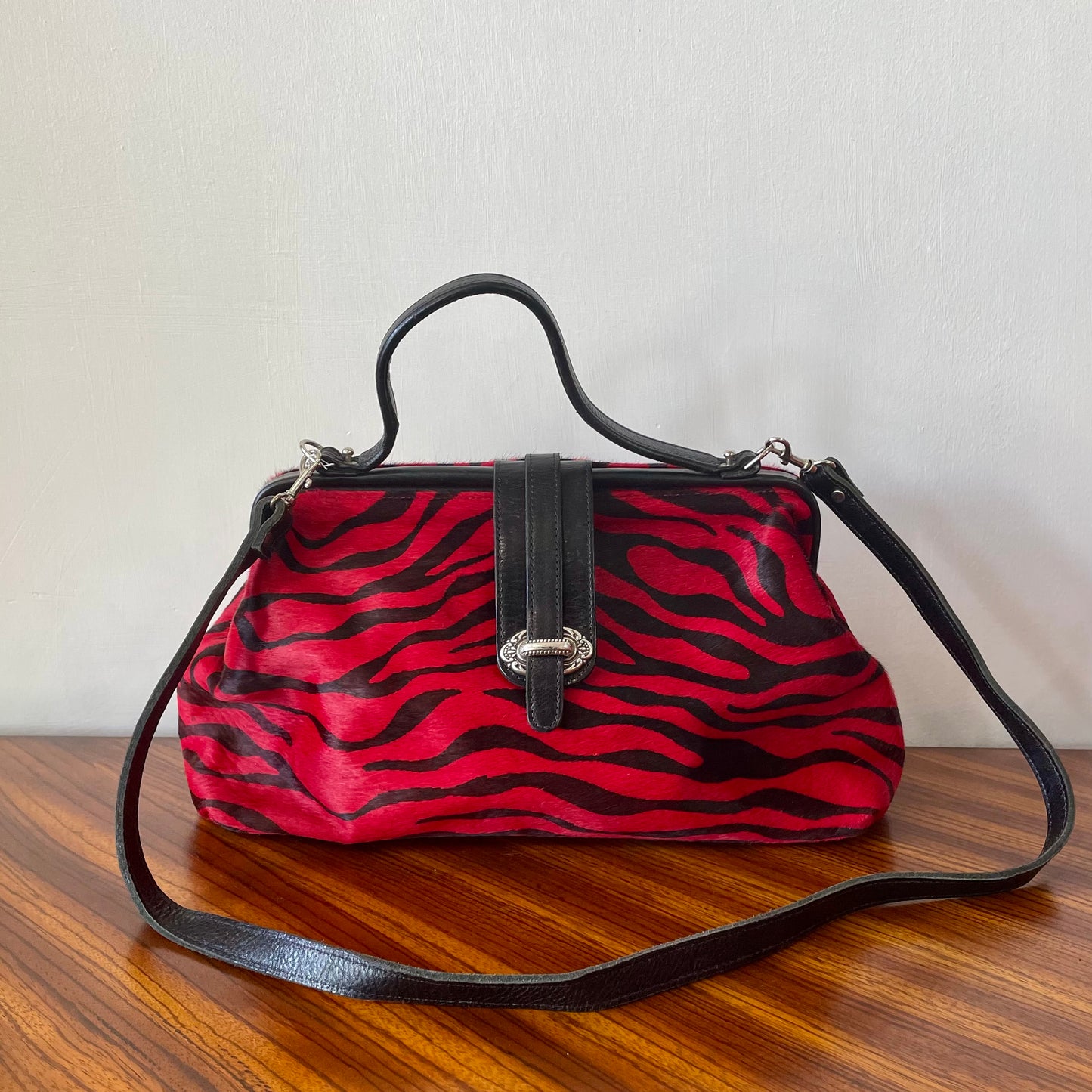 Red and Black Faux Fur Zebra Bag