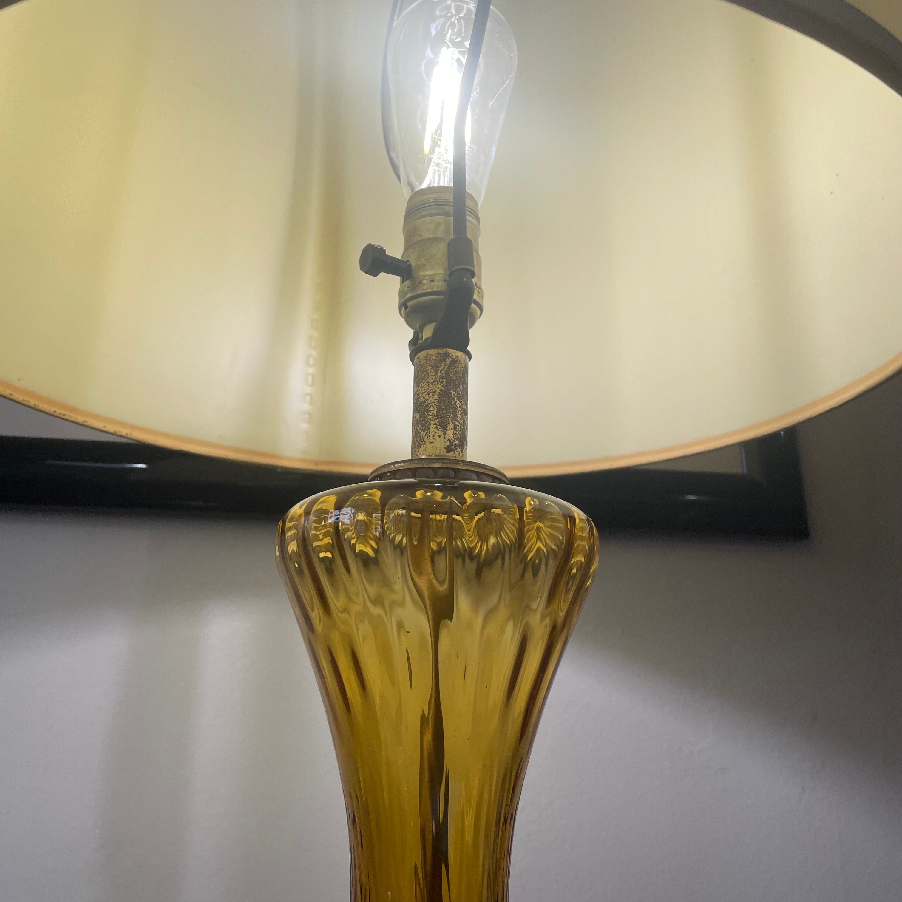 Amber Etched Mid-Century Glass Lamp