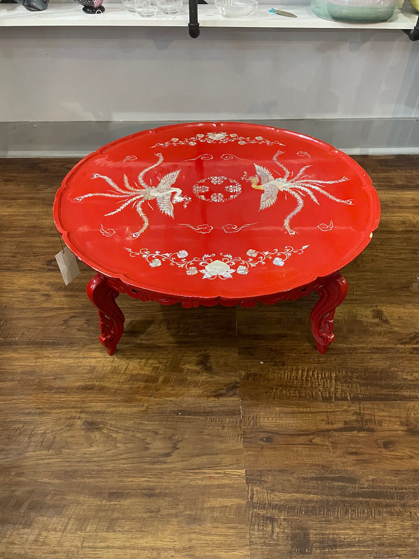 Vintage Red Lacquered Mother of Pearl Inlay Tea Table