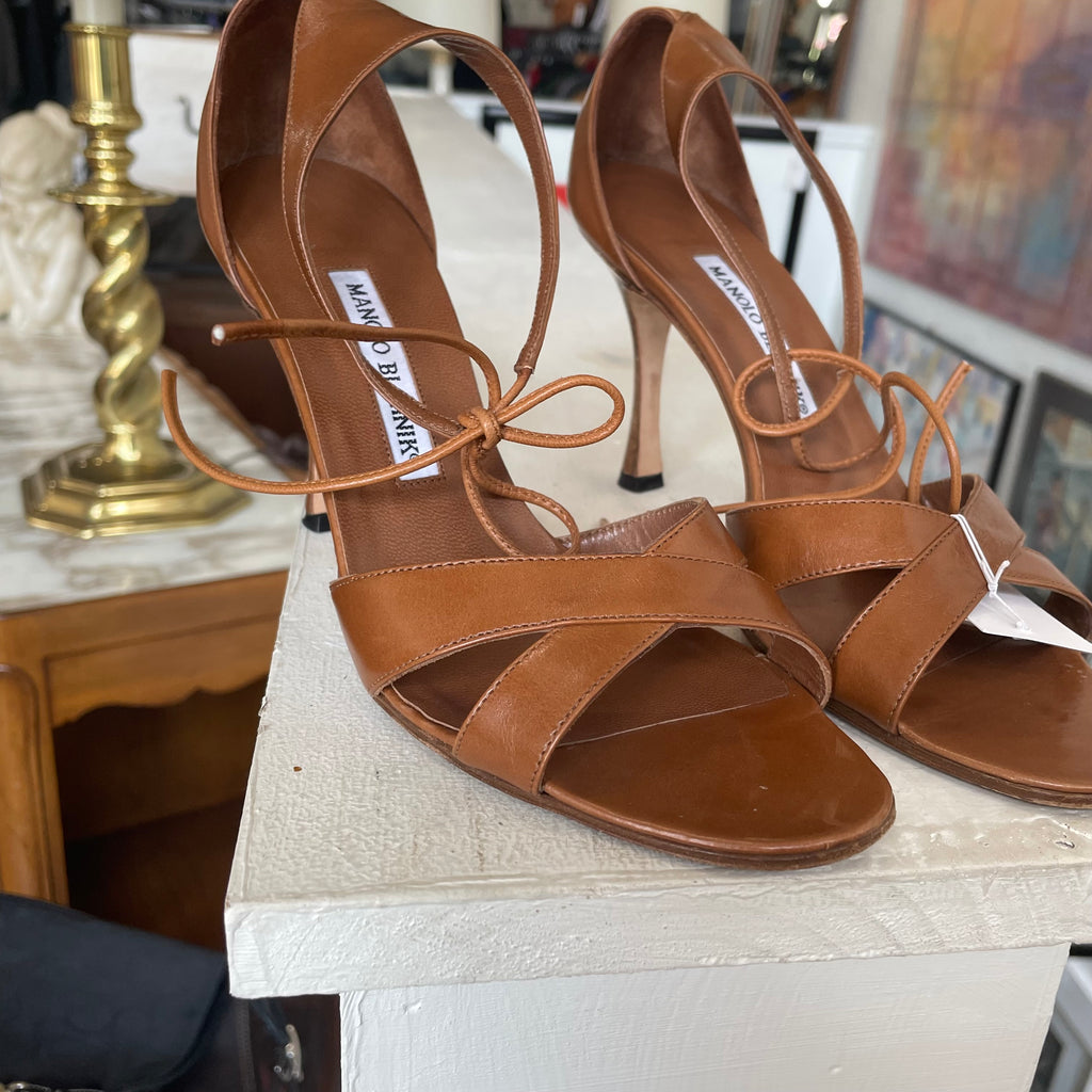 Manolo Blahnik Brown Leather Ankle Strap Sandals | Size US 7.5/EU38