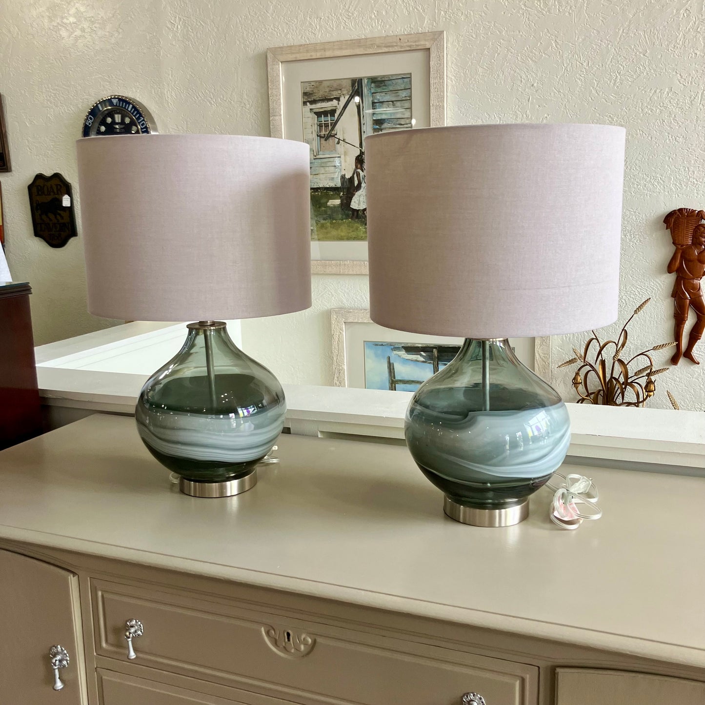 Grey & White Swirl Glass Table Lamp Set