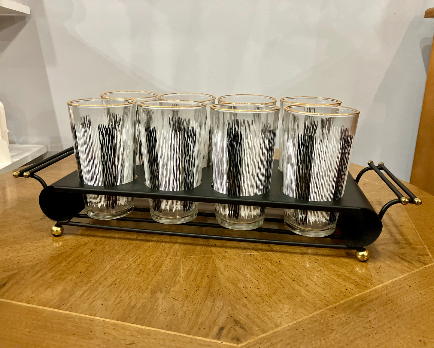 Set of 8 Vintage Black & White Tumbler Glasses in Black Metal Caddy with Gold Accents