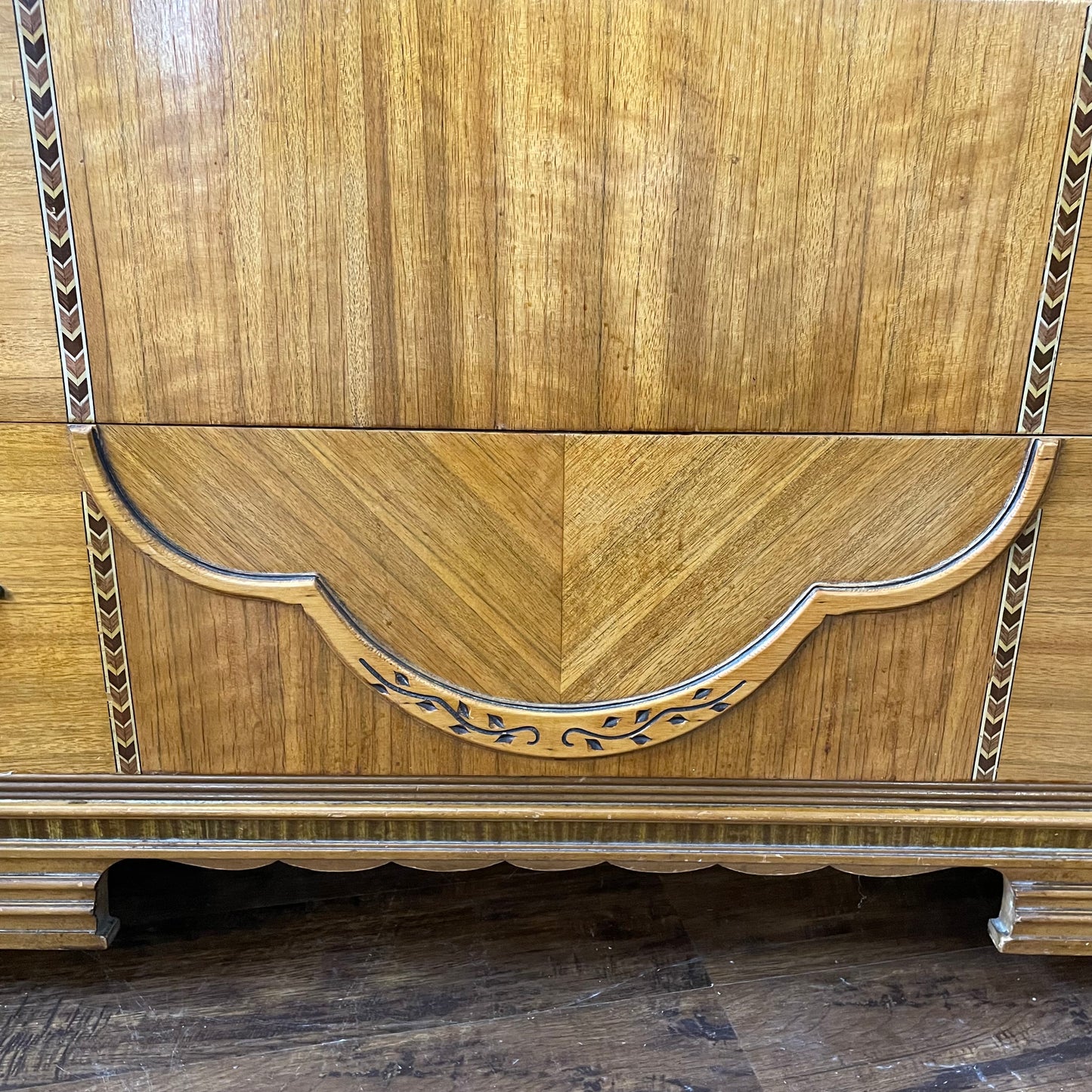 Antique Waterfall Dresser w/ Carved Mirror and Bakelite Handles 1930s