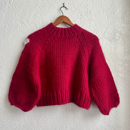 Chunky Hand Knit Red Cropped Sweater | One Size