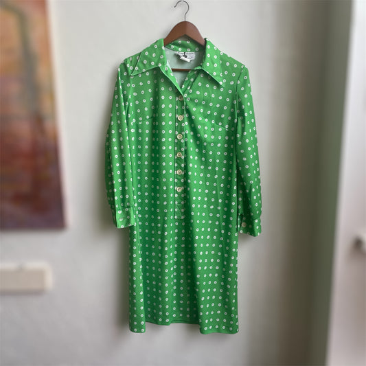 70’s Maxi Button Up Green & White Poke A Dot Dress | Large