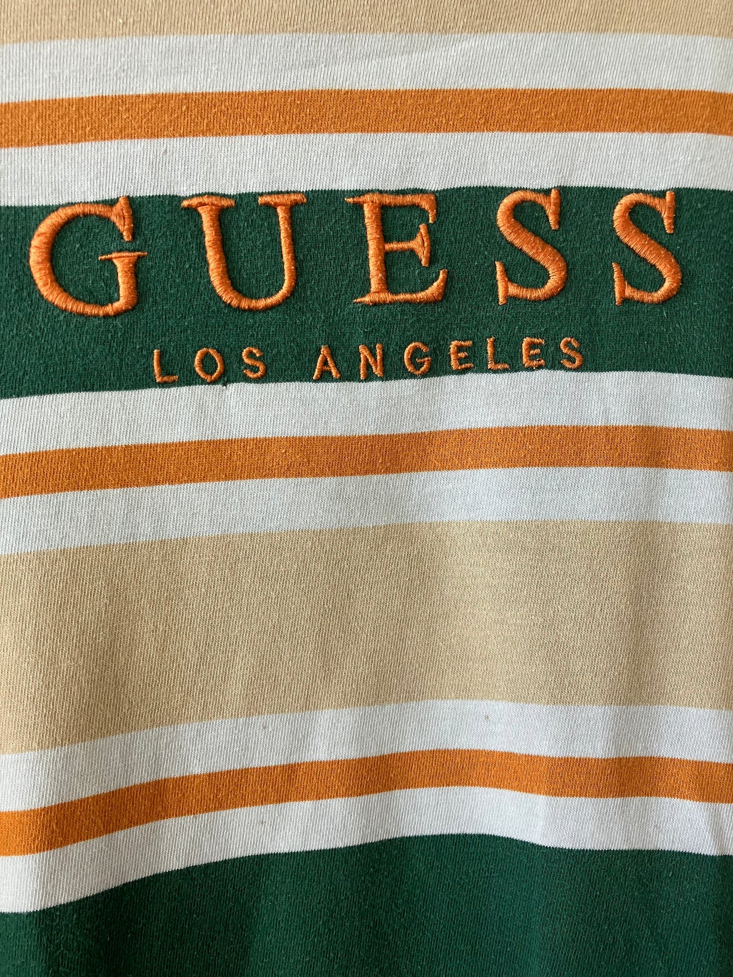 Vintage Guess Logo Striped Green Orange T-shirt Tee Mens Large