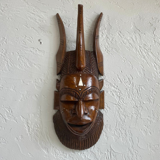 Hand Carved Horned African Tribal Mask Ivory Inlay Wall Hanging