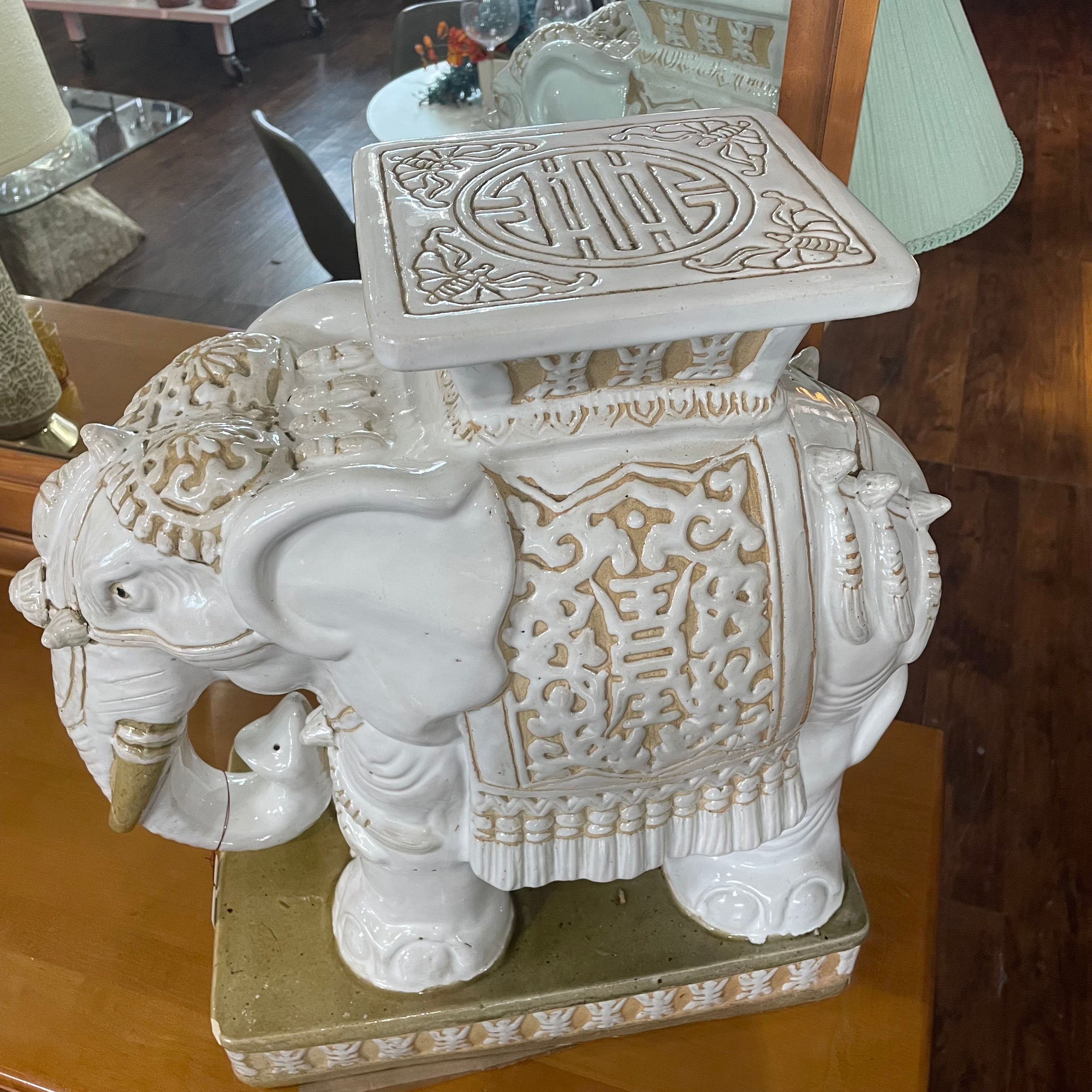 White & Gold Ceramic Elephant Garden Side Table