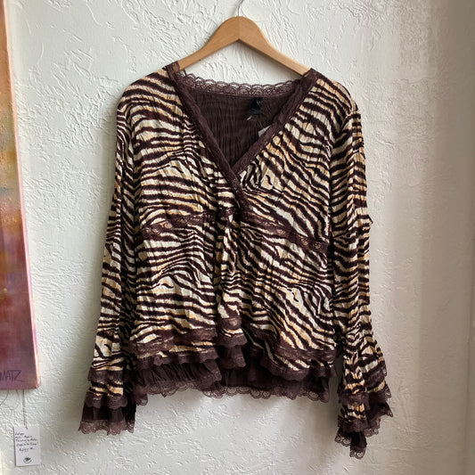 Tiger Print Milano Y2K V Neck Blouse | XL