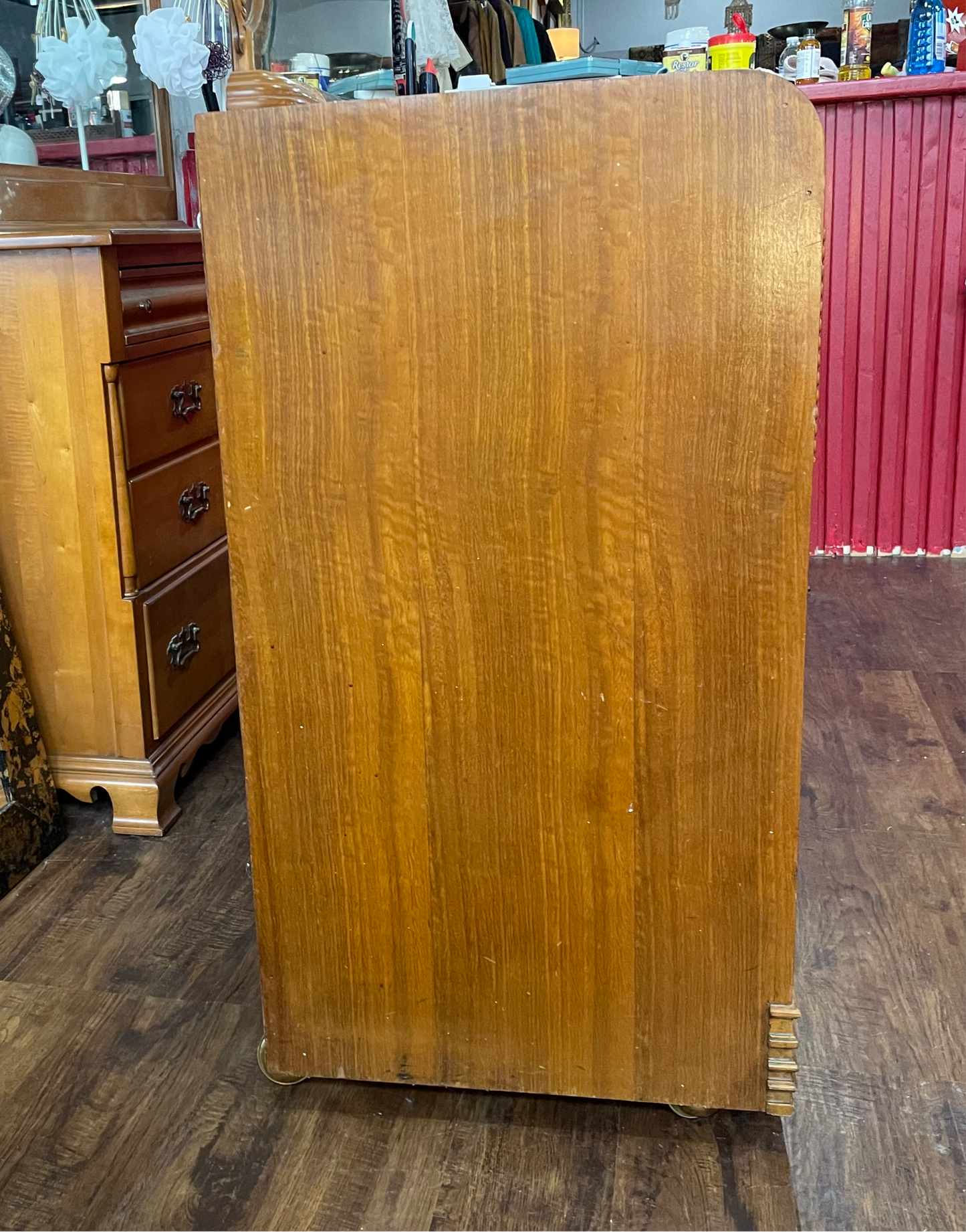 Antique Waterfall Dresser w/ Carved Mirror and Bakelite Handles 1930s