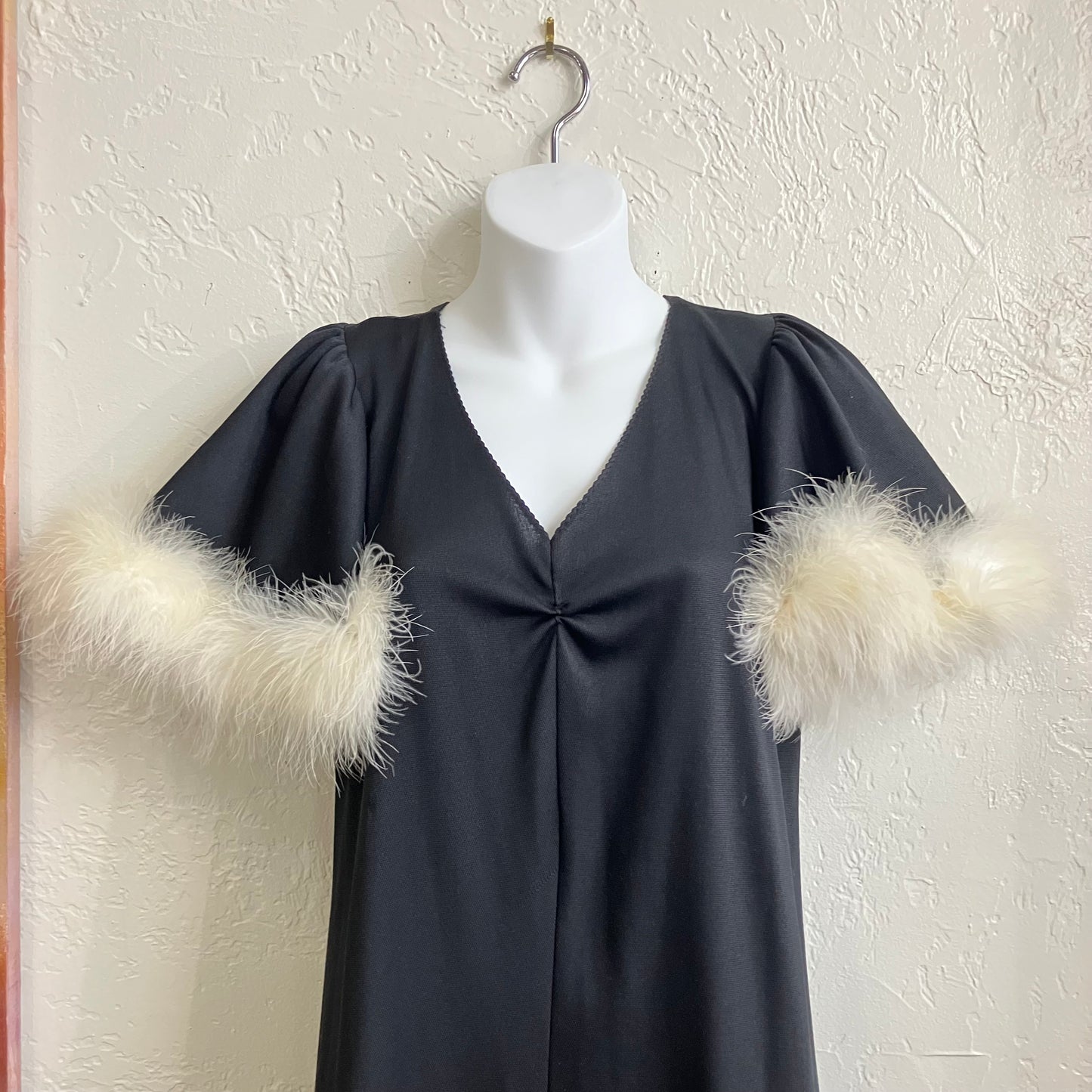 Vintage 70’s Black White Feather Maxi Dress | Medium