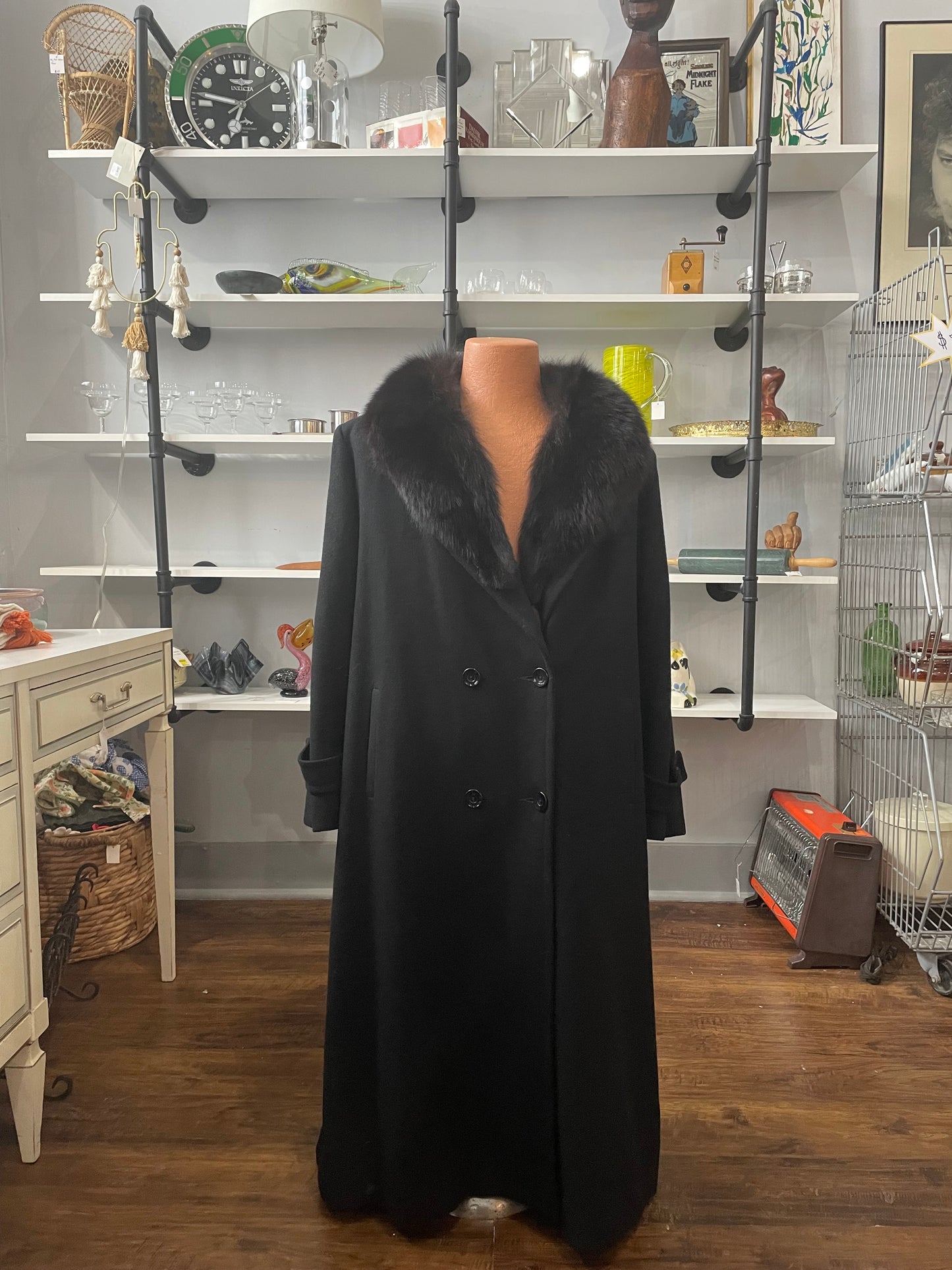 Stephanie Matthews Black Wool Fox Collar Trench | Large