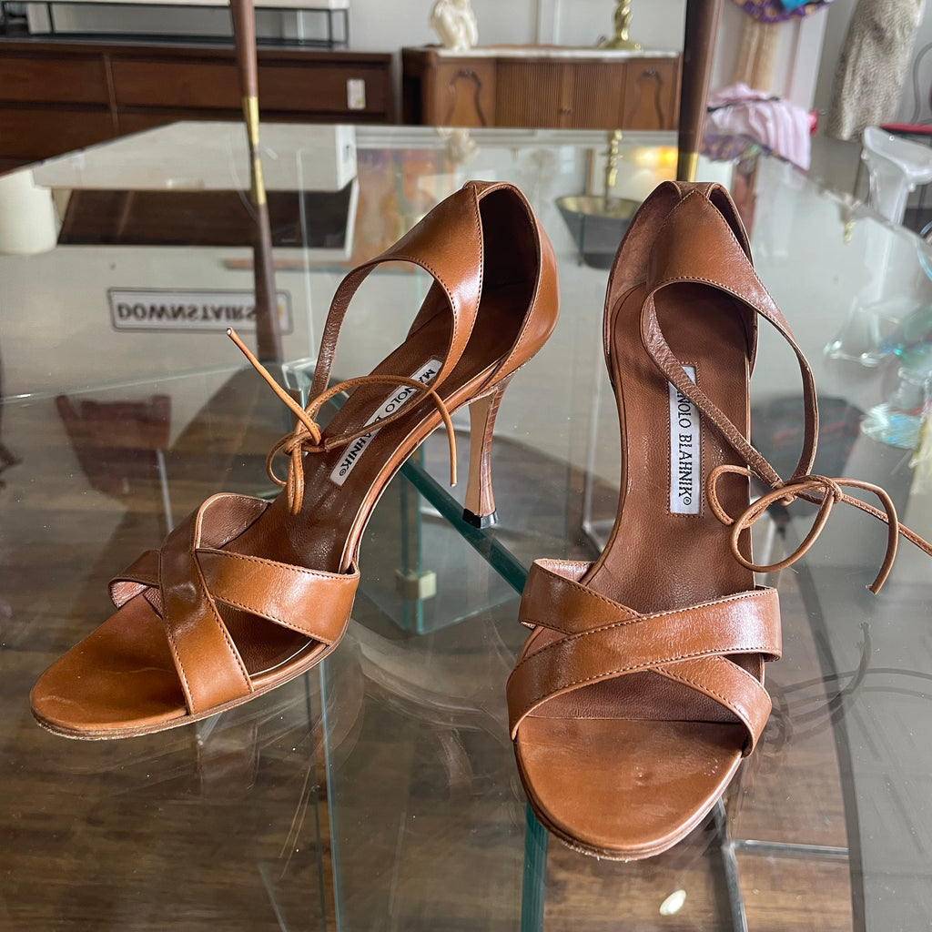 Manolo Blahnik Brown Leather Ankle Strap Sandals | Size US 7.5/EU38