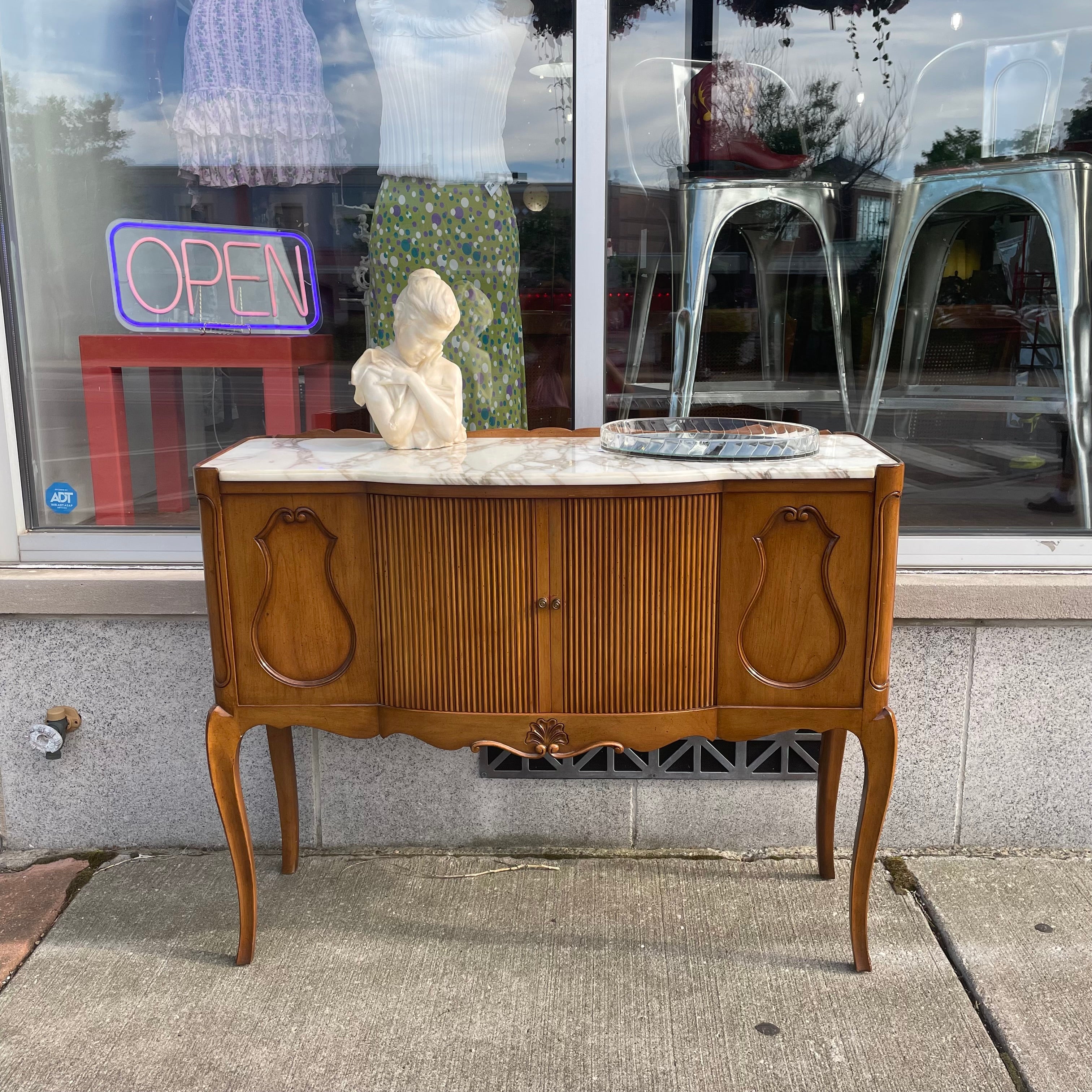Marble Top Louis XV Style Tambour Door Console Table