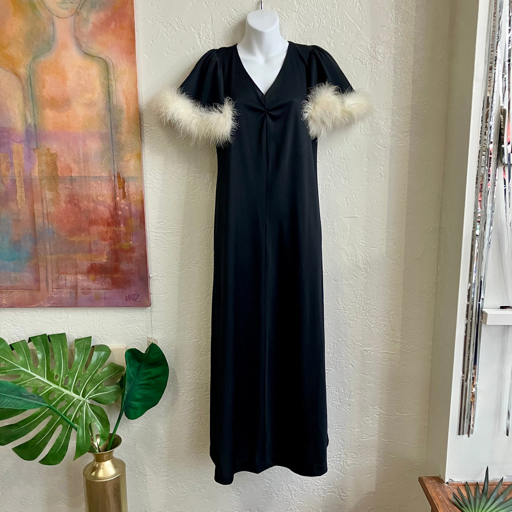 Vintage 70’s Black White Feather Maxi Dress | Medium