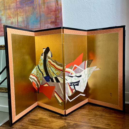 Japanese 4-Panel Handpainted Folding Screen of Lady Murasaki Shikibu 1940 - 1950's