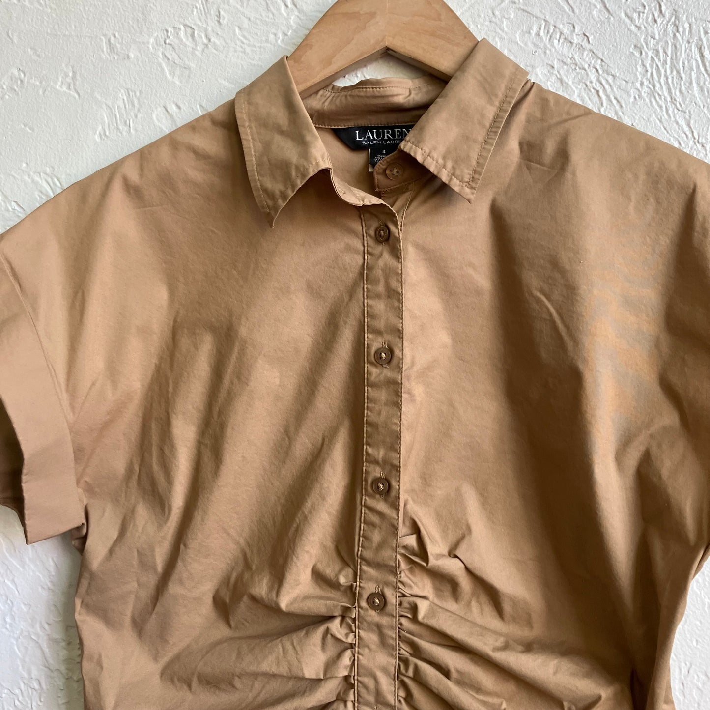 Neutral Tan Lauren Ralph Lauren Collar Button Down Top Small