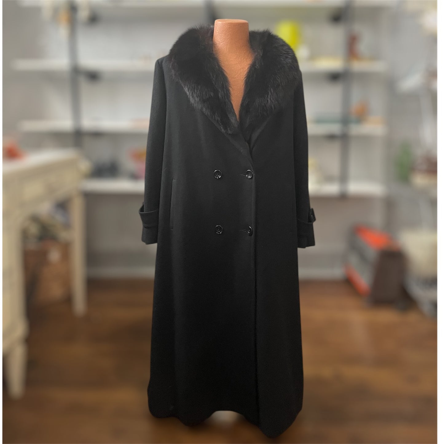 Stephanie Matthews Black Wool Fox Collar Trench | Large