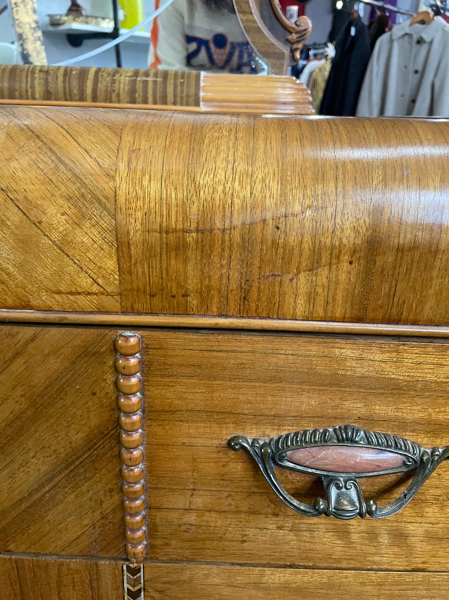 Antique Waterfall Dresser w/ Carved Mirror and Bakelite Handles 1930s