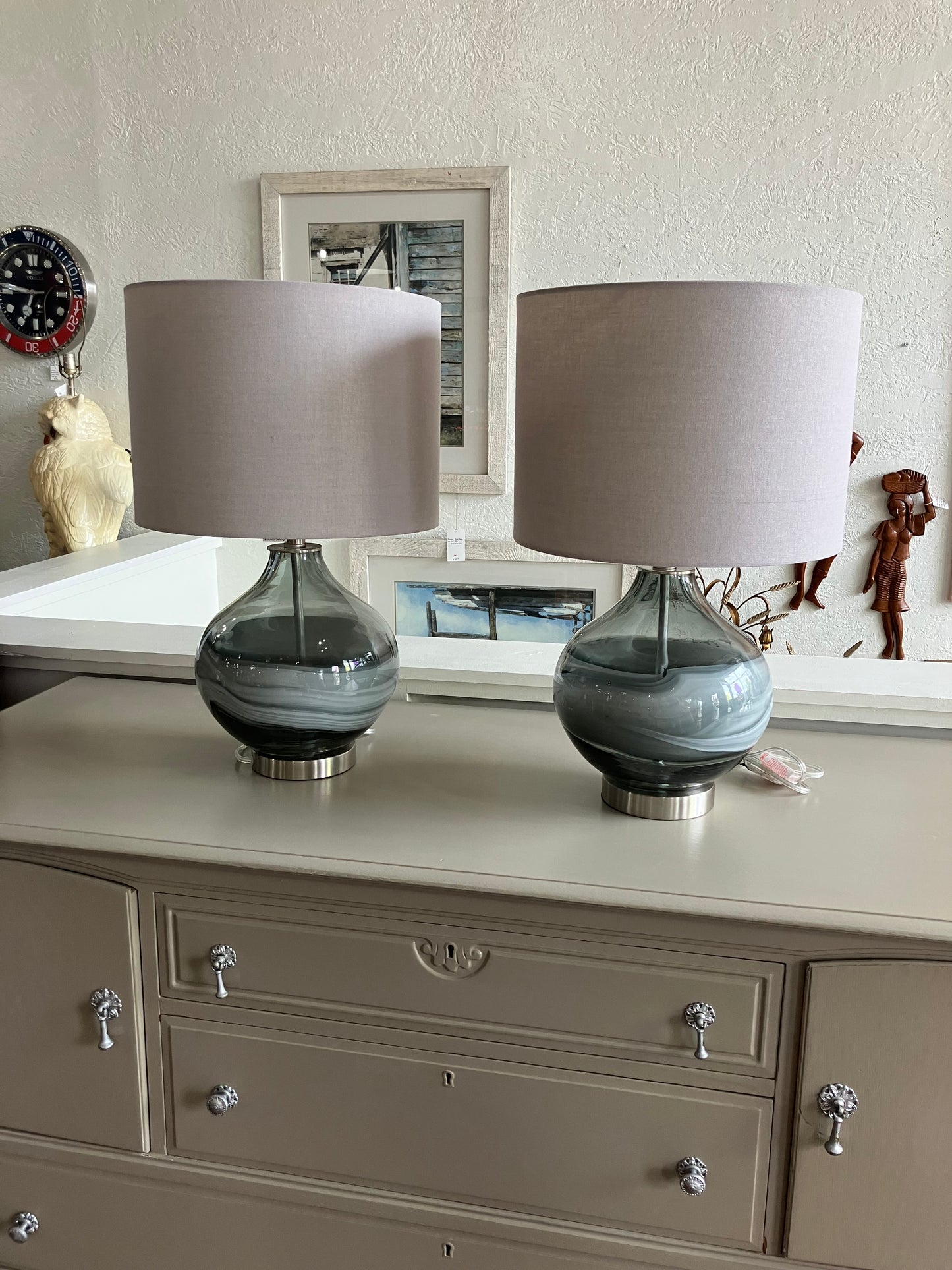 Grey & White Swirl Glass Table Lamp Set