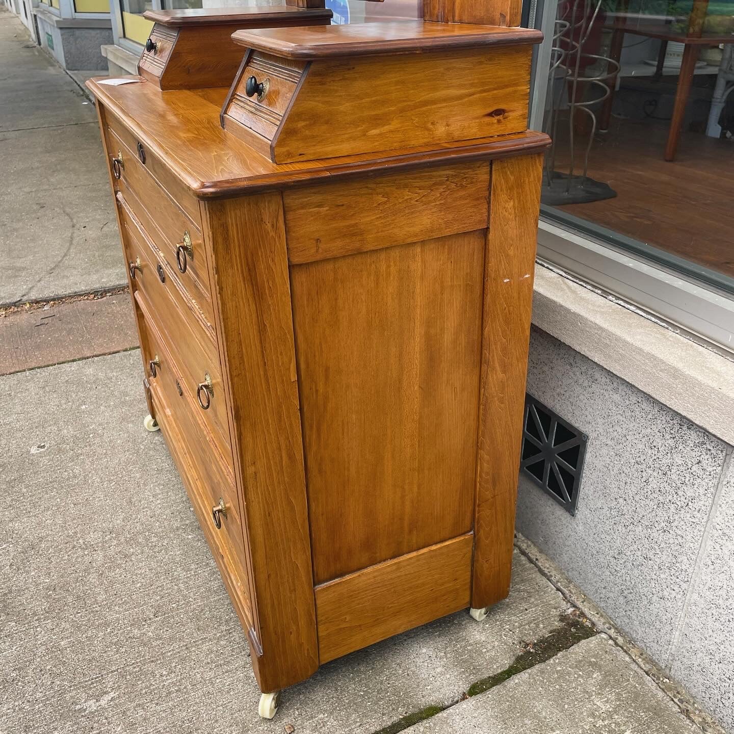 Antique Eastlake Oak Vanity/Chest of Drawers on Wheels