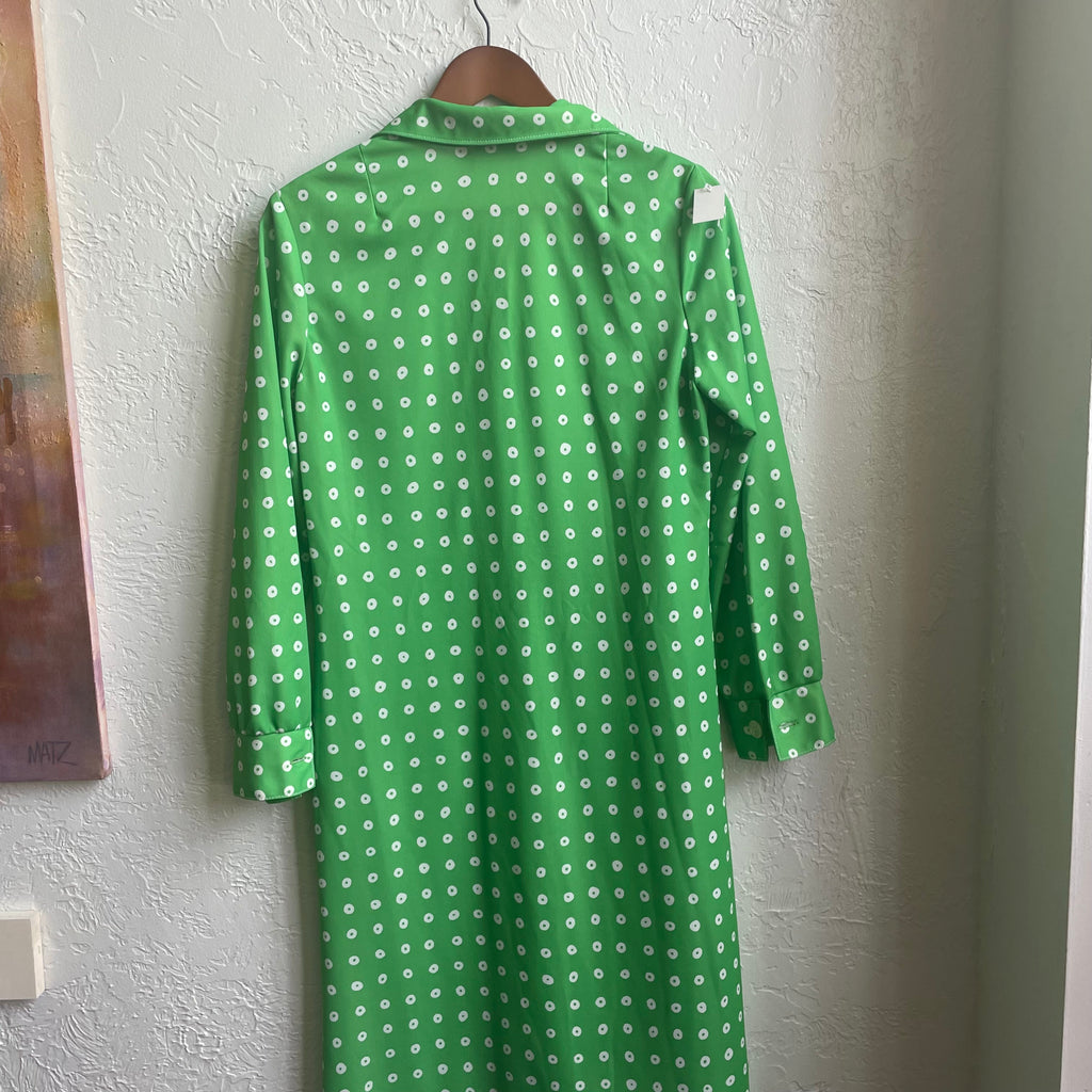 70’s Maxi Button Up Green & White Poke A Dot Dress | Large