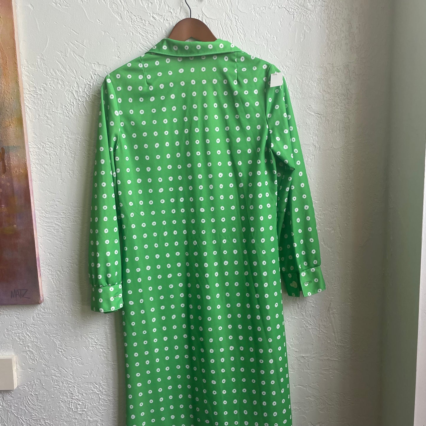 70’s Maxi Button Up Green & White Poke A Dot Dress | Large