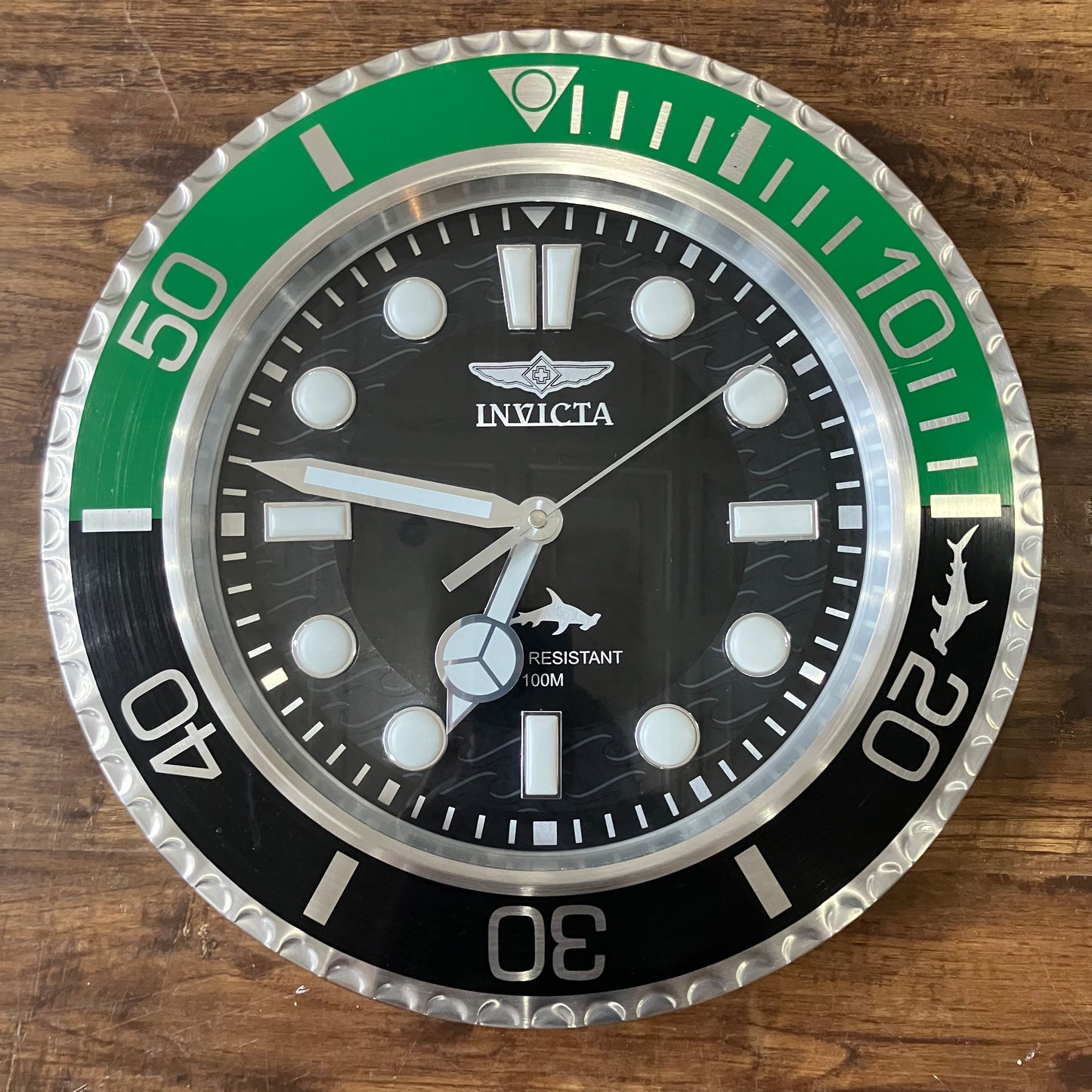 Invicta Hammerhead Shark Pro Diver Green-Black Bezel Black Dial Quartz 14" Wall Clock