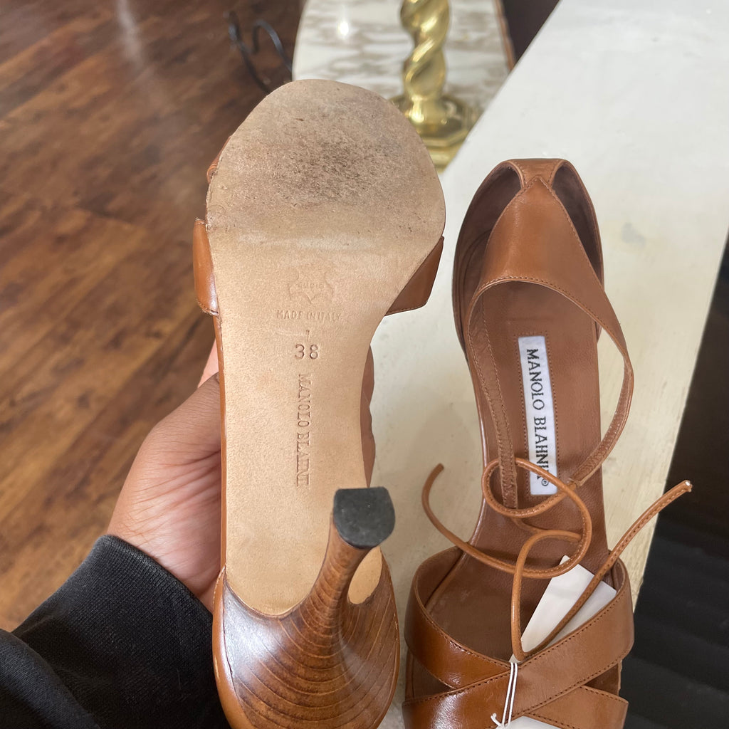 Manolo Blahnik Brown Leather Ankle Strap Sandals | Size US 7.5/EU38