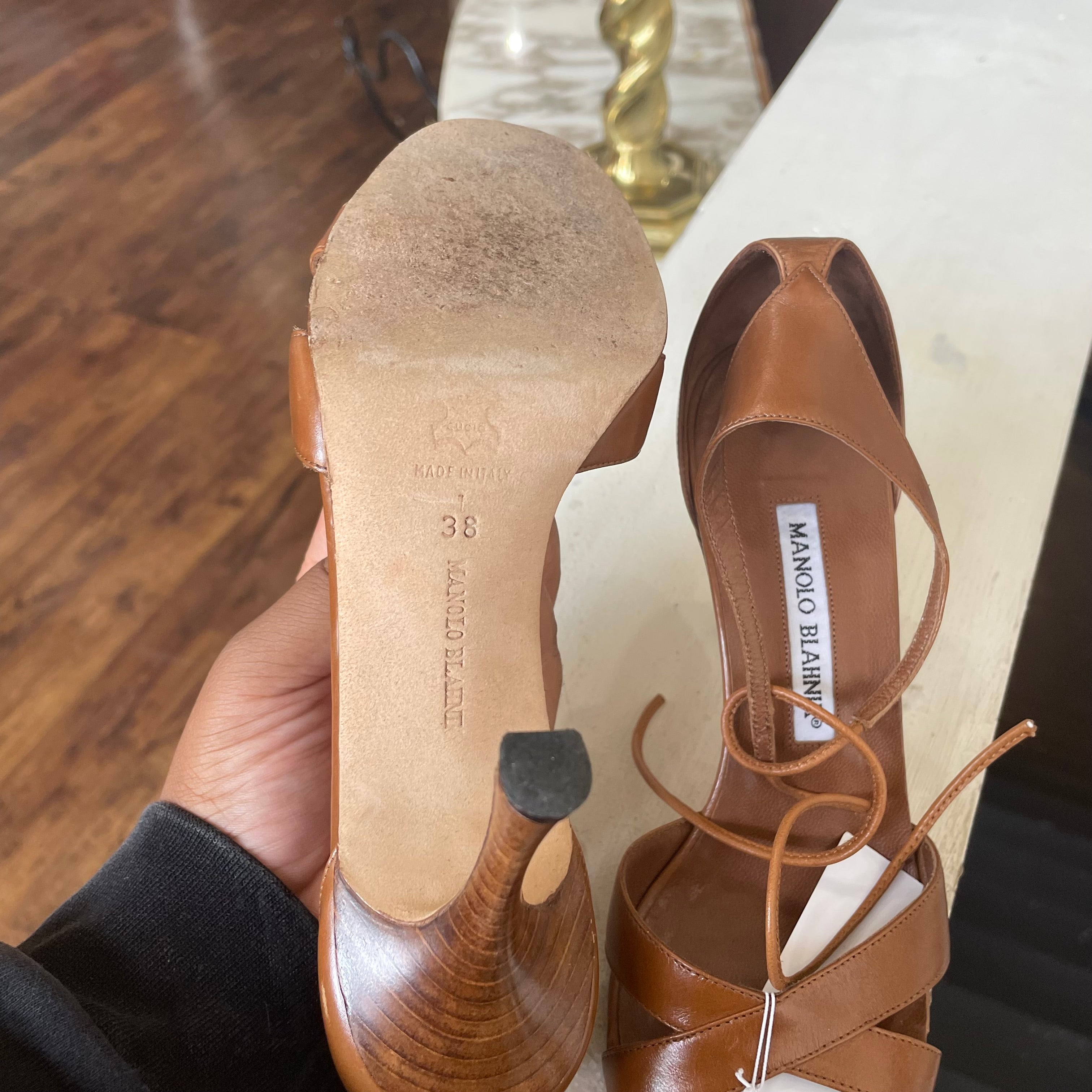 Manolo Blahnik Brown Leather Ankle Strap Sandals | Size US 7.5/EU38