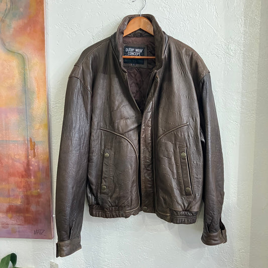 Brown Insulated Leather Bomber Jacket Vintage | Large