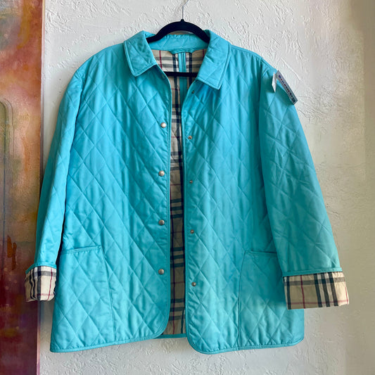 BURBERRY Quilted Jacket In Turquoise Nova Check Snap Close | Women’s Size Large