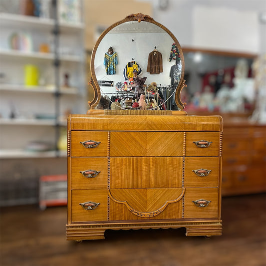 Antique Waterfall Dresser w/ Carved Mirror and Bakelite Handles 1930s