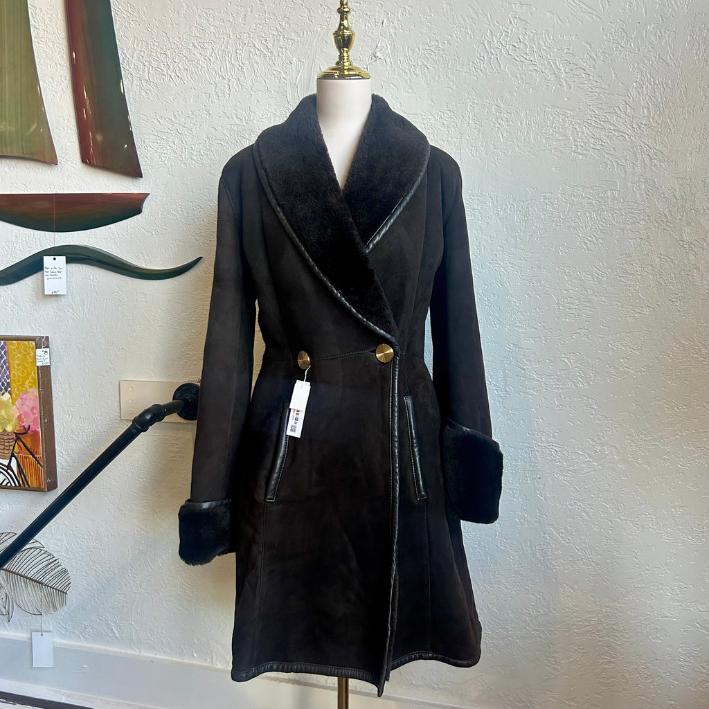 Christian Dior Logo 1990's Shearling Suede Coat | Size 8/Medium