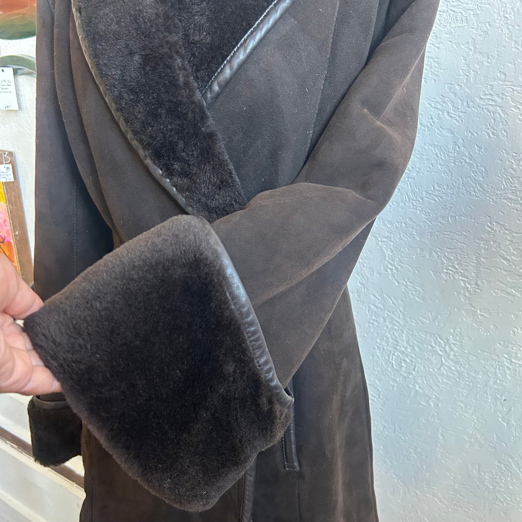 Christian Dior Logo 1990's Shearling Suede Coat | Size 8/Medium