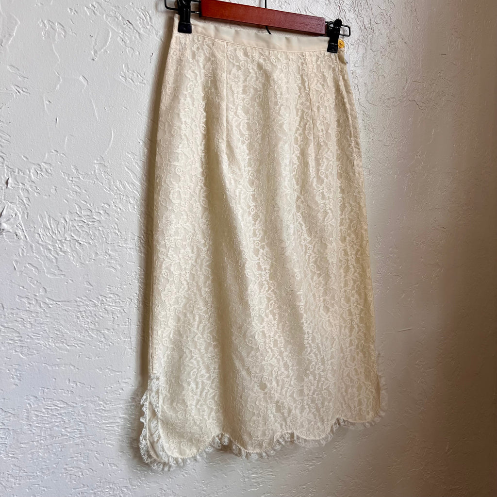 White Lace Midi Scalloped Hem Skirt 1950's/60's | XS