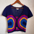 Hand Crochet 1970's Cropped Short-Sleeve Cardigan | Medium