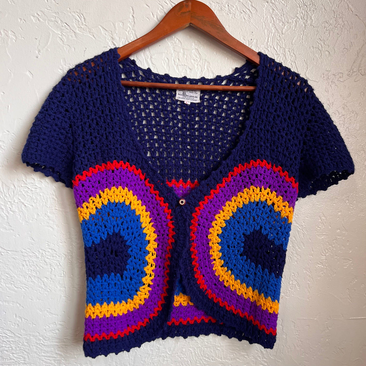 Hand Crochet 1970's Cropped Short-Sleeve Cardigan | Medium