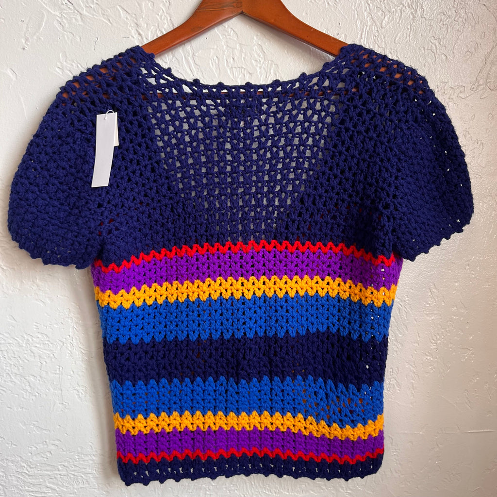 Hand Crochet 1970's Cropped Short-Sleeve Cardigan | Medium