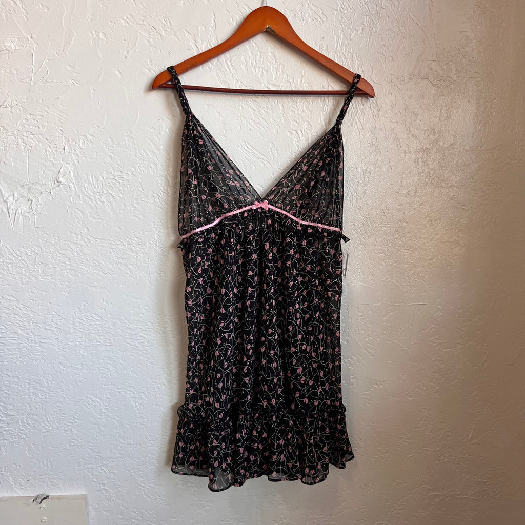Oscar De La Renta Pink Label Black Sheer Floral Slip Dress | Medium