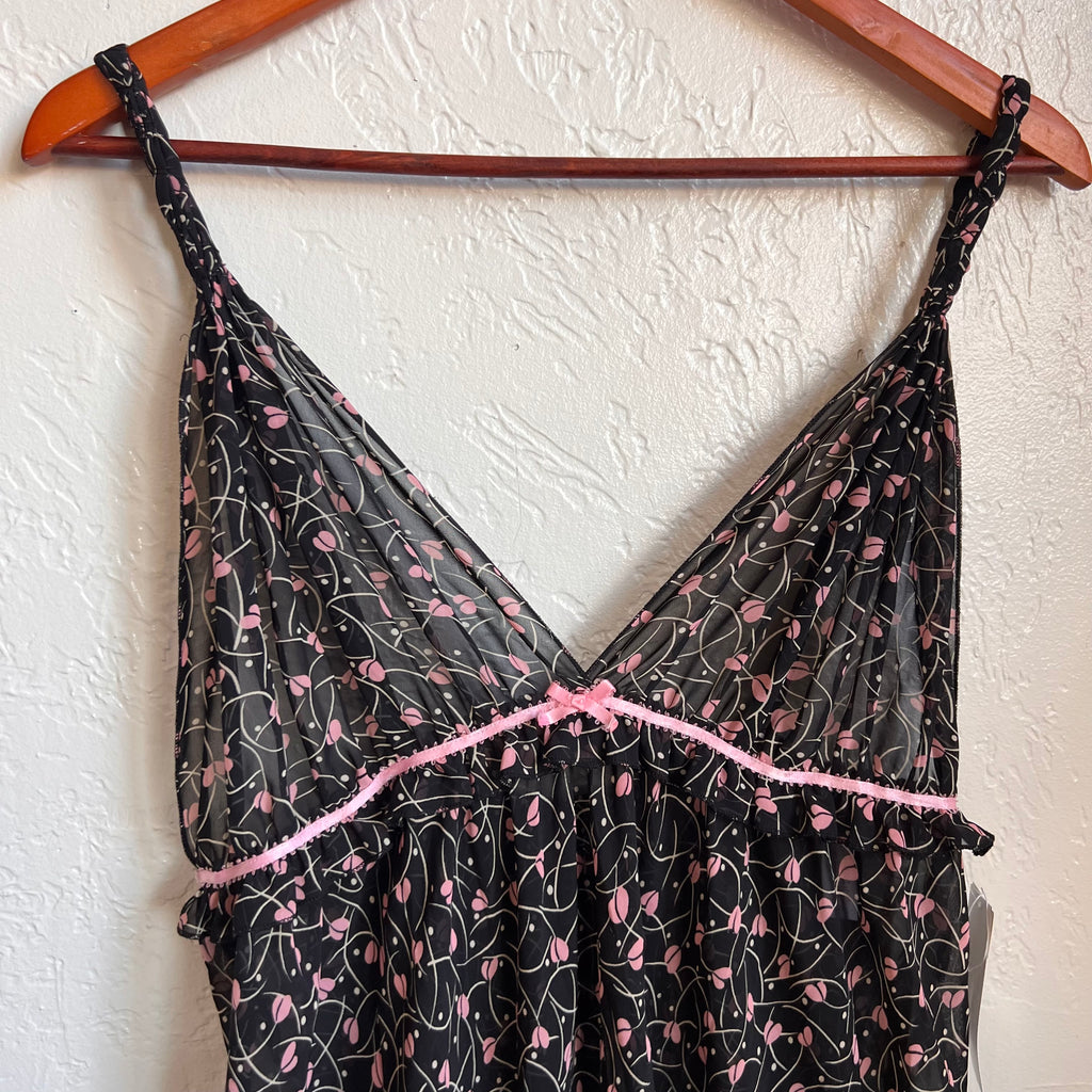 Oscar De La Renta Pink Label Black Sheer Floral Slip Dress | Medium
