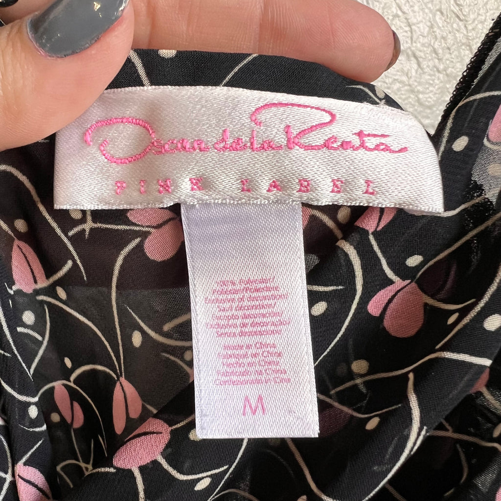 Oscar De La Renta Pink Label Black Sheer Floral Slip Dress | Medium