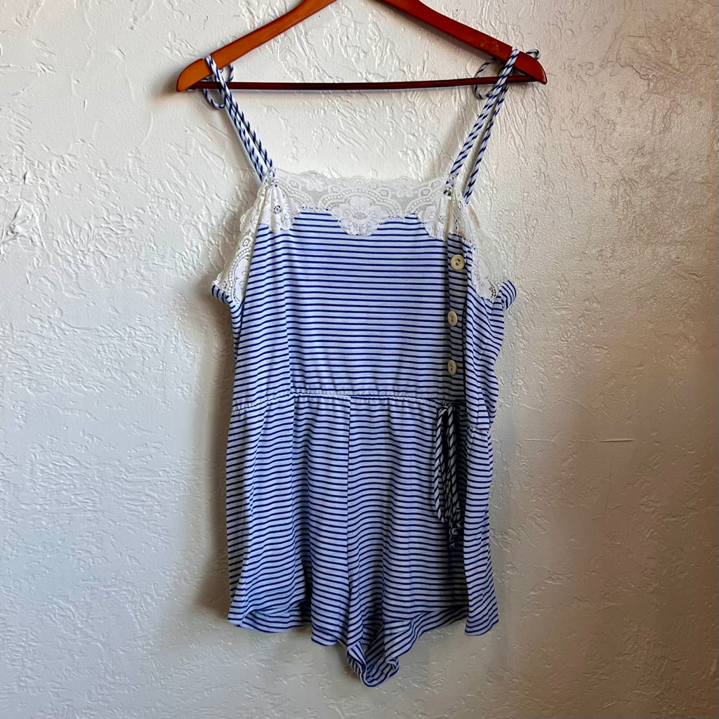 Blue and White Striped Vintage Robe & Romper Loungewear Set | Medium