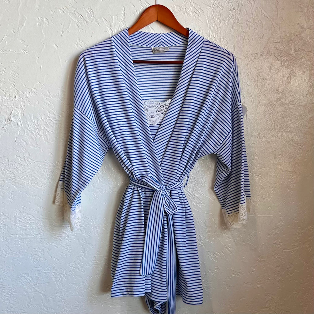 Blue and White Striped Vintage Robe & Romper Loungewear Set | Medium