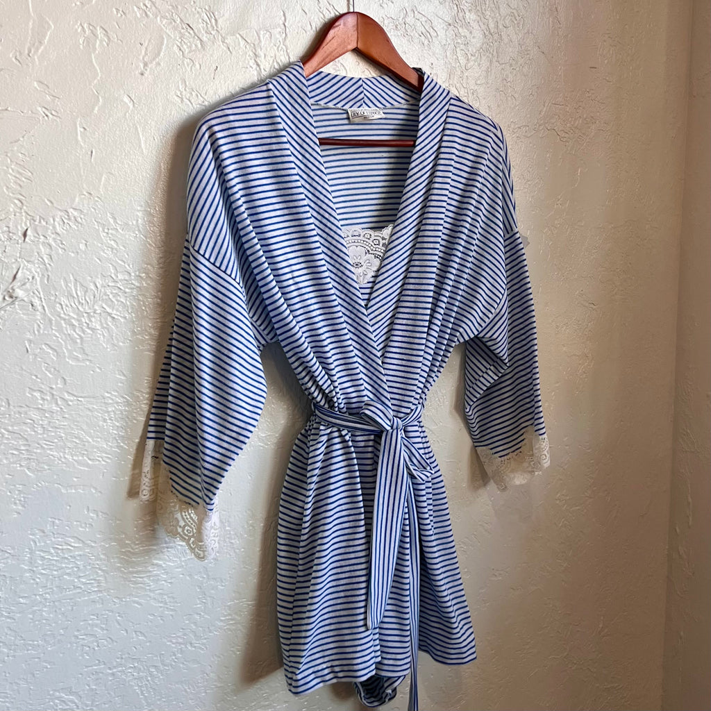Blue and White Striped Vintage Robe & Romper Loungewear Set | Medium