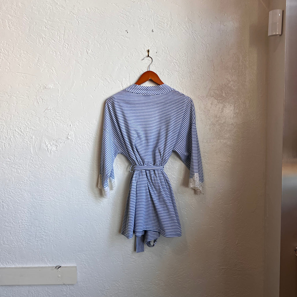 Blue and White Striped Vintage Robe & Romper Loungewear Set | Medium
